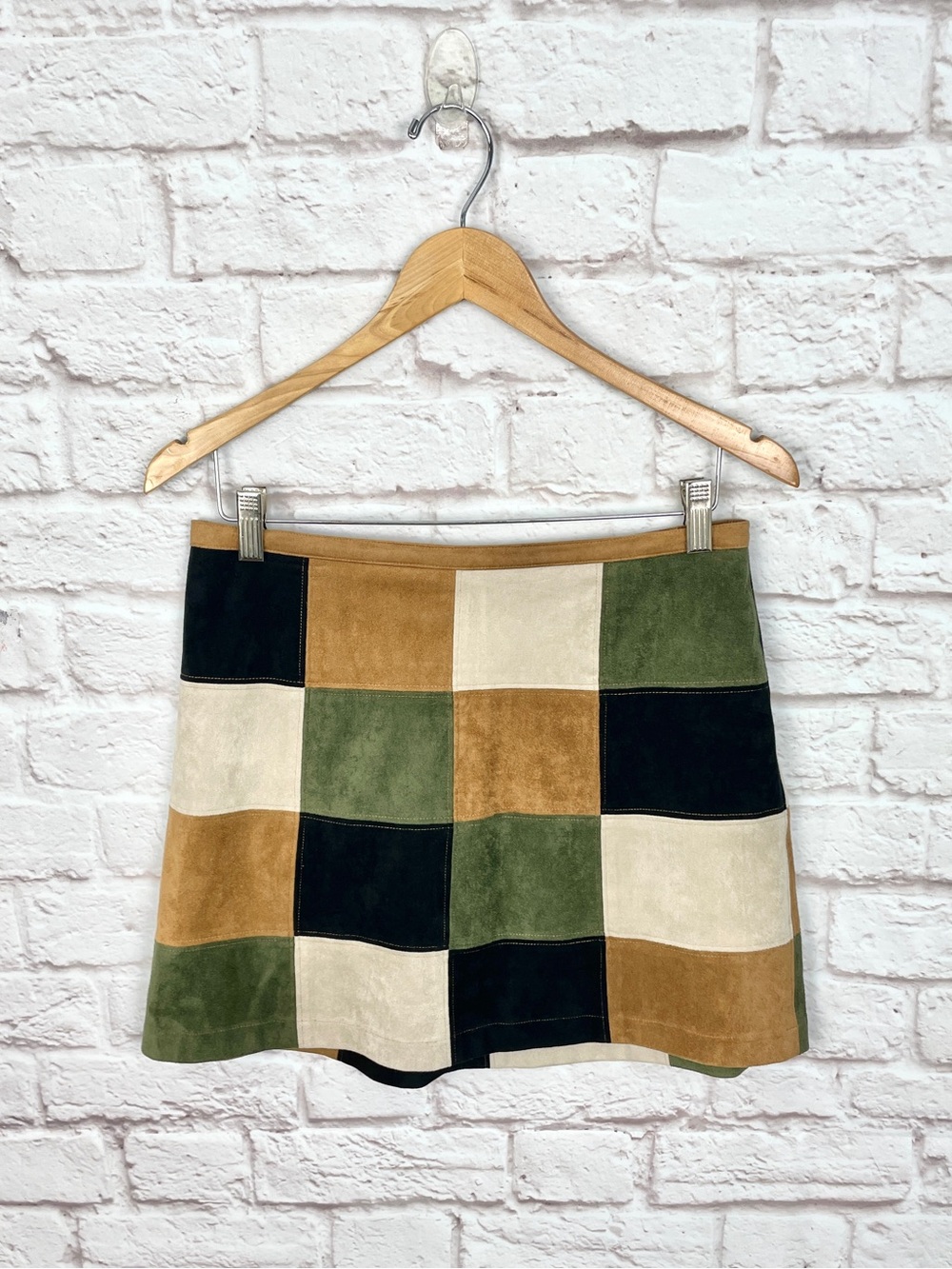 BB Dakota Patchwork Faux Suede Green & Brown Skirt Size 4